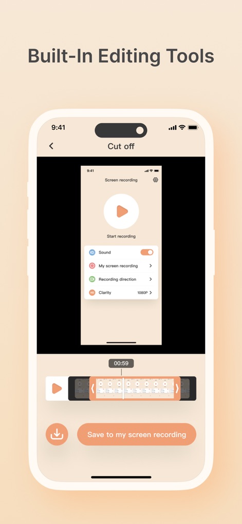 Screen Recorder:Record it now! - The app provides built-in editing tools, showcasing a precise video timeline for 'Cut off' functionality and a dedicated 'Save to my screen recording' button.