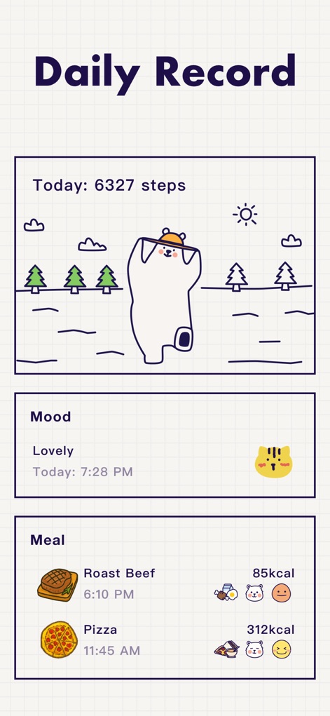 Intermittent Fasting Tracker ⁺ - The app provides a comprehensive "Daily Record" that tracks daily steps and allows users to log their mood and meals with associated calorie counts.