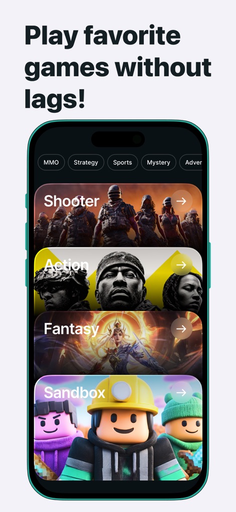 Guru VPN: Super Fast Unlimited - This view showcases the app's optimization for online gaming, presenting distinct categories such as 'Shooter' and 'Fantasy' to ensure users can "Play favorite games without lags!".