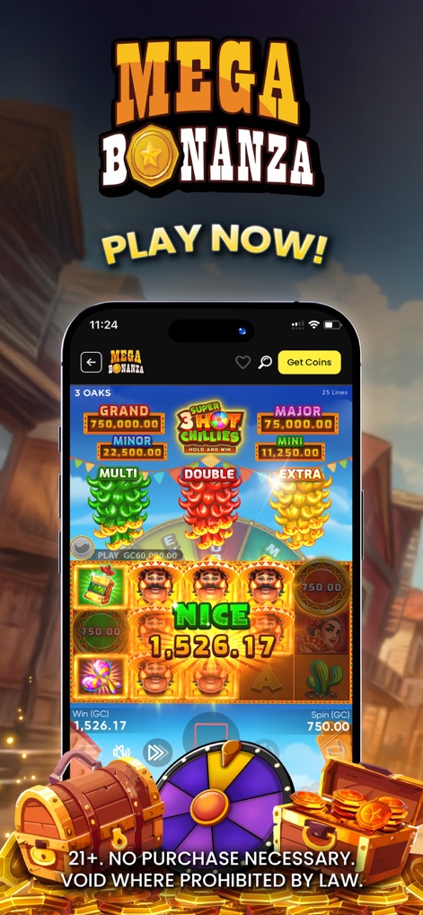 MegaBonanza - Social Casino - The app delivers instant play fun with vibrant western-themed slot visuals and a prominent, clear win notification showcasing successful spins.