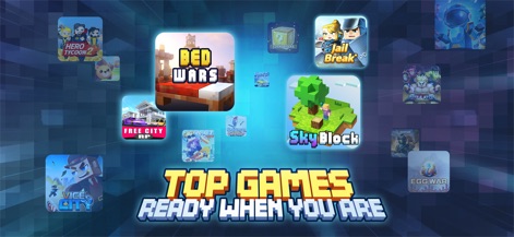 Blockman GO - Explore the app's vast library of mini-games, showcasing popular options like Bed Wars and SkyBlock, ready for instant play.