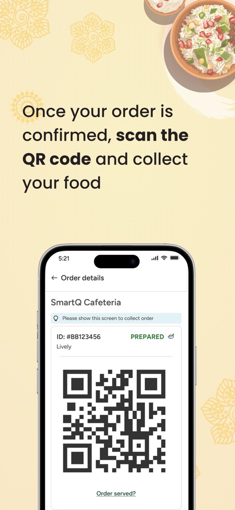 SmartQ - Food Ordering App - Após a confirmação do pedido, os usuários recebem um código QR para retirada, com o status 'PREPARED' e o 'ID do pedido' visíveis para agilizar o processo.