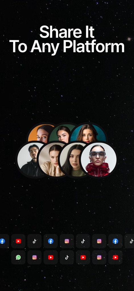 ImagineArt: AI Video Generator - Esta captura de tela final enfatiza a funcionalidade de compartilhamento integrada do aplicativo, exibindo ícones de várias plataformas de mídia social e uma coleção de diversos retratos de usuários.