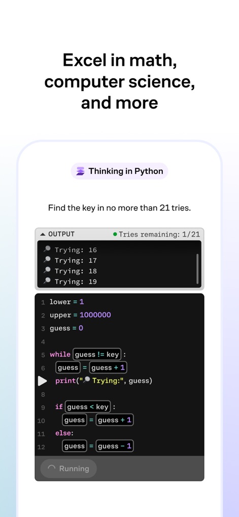 Brilliant: Learn by doing - The app offers hands-on coding challenges featuring a Python editor and a dynamic output console to track progress.
