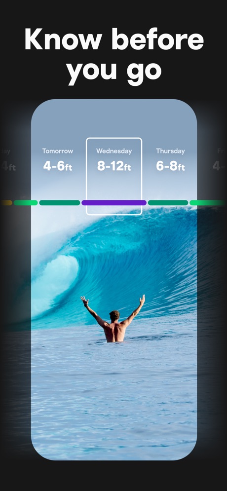 Surfline: Wave & Surf Reports App Store screenshot 1, headline “Know before you go”. A person in the picture.