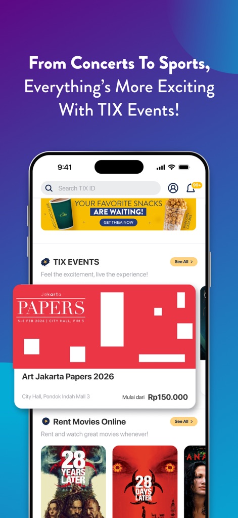 TIX ID - Discover the prominent 'TIX EVENTS' section for live experience bookings and the curated 'Rent Movies Online' carousel, broadening user entertainment horizons.