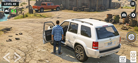 Offroad Prado Car Driving 2025 - La imagen muestra la preparación del viaje con un elegante SUV blanco y resalta el entorno rústico y detallado que espera a los jugadores.