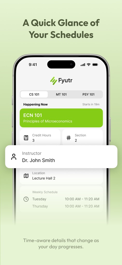 Fyutr - Student Calendar - Users can view immediate class information, including the 'Happening Now' section and detailed 'Instructor' particulars, ensuring no detail is missed.