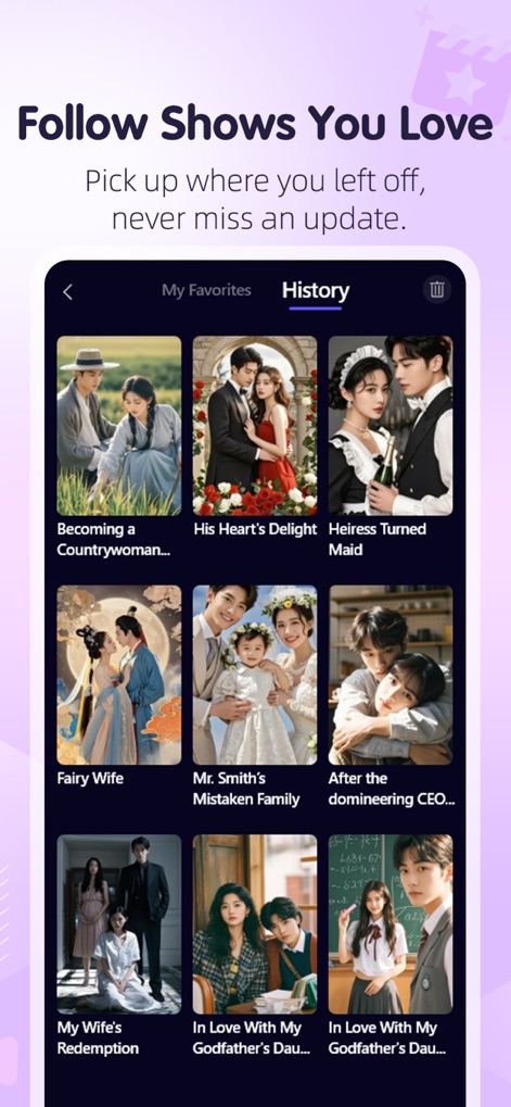 Snap Dramas – Trending Series - A seção 'My Favorites' permite acompanhar séries amadas, exibindo um histórico de visualização com capas de dramas e a opção de revisar títulos assistidos como 'Becoming a Countrywoman' e 'His Heart's Delight'.
