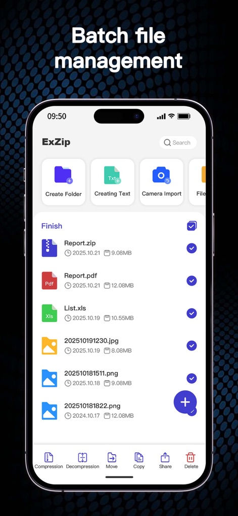 Zip, RAR, 7z File Extractor - Observe the app's capability to manage diverse file types, from 'PDF' documents to 'JPG' images, all with convenient batch selection checkboxes.