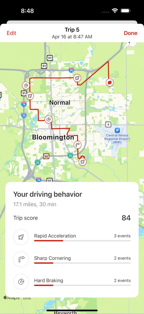 Steer Clear® - The app provides a comprehensive overview of each trip, featuring a clear driving route on a map and specific feedback on events like 'Rapid Acceleration' and 'Sharp Cornering'.