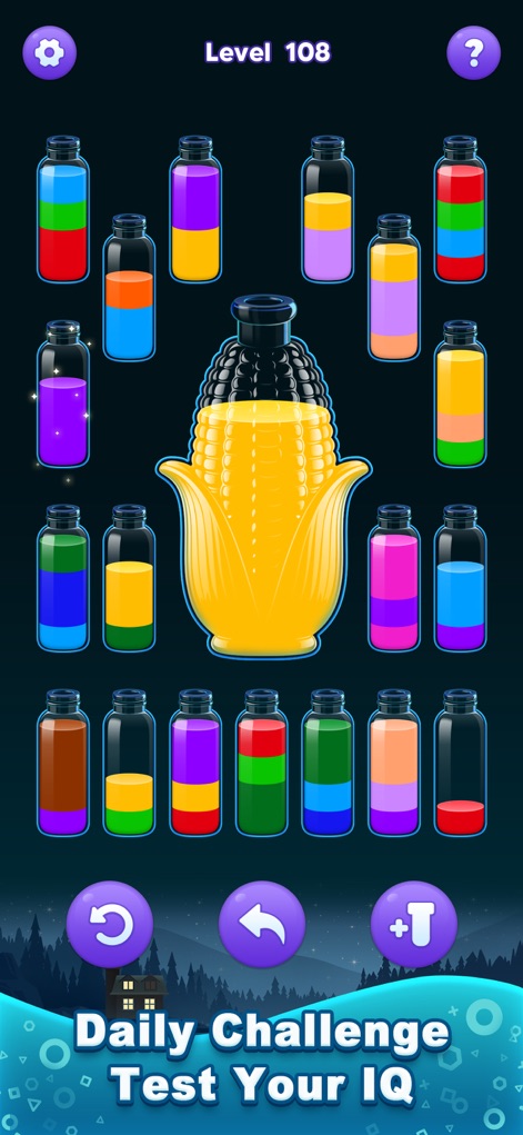 Water Sort Master! - Observe the unique corn-shaped bottle acting as a central element, complemented by the "Daily Challenge Test Your IQ" prompt encouraging regular mental engagement.