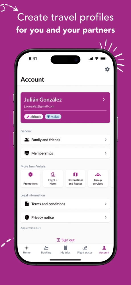 Volaris App Store screenshot 3, headline “Create travel profiles”. Pink.