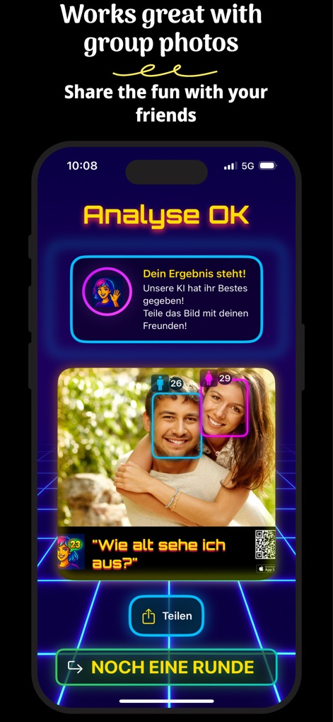Estimate my Age - This screen demonstrates the app's capability to process "group photos" with precise individual age estimates, even showcasing a German interface with "Analyse OK" and "Teilen" buttons.