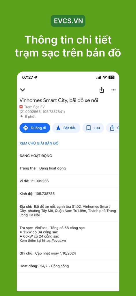 Trạm Sạc EV - Access in-depth information for any charging station, including its precise address and geographical coordinates, along with available port types and power ratings.