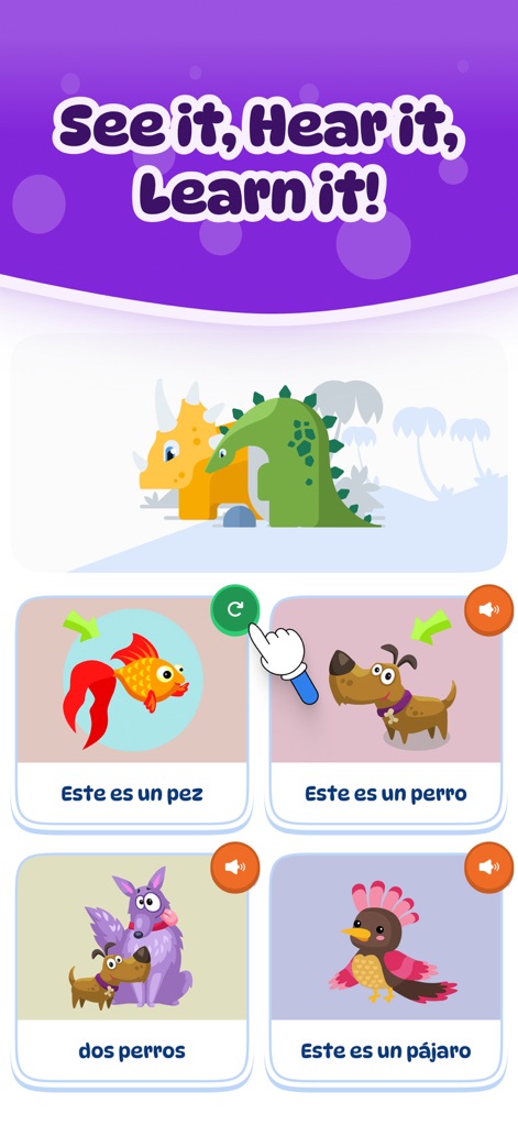 Dinolingo Kids Learn Languages - This screen demonstrates the app's immersive approach with animated dinosaur characters and interactive flashcards featuring animals and audio pronunciation for effective learning.