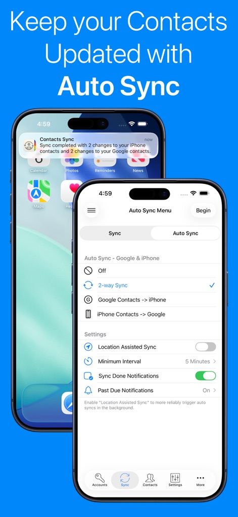 Contacts Sync: Google & More - Esta captura demuestra la función de sincronización automática a través de una notificación de iPhone que confirma cambios completados y un menú con opciones de 'Auto Sync' y 'Minimum Interval' de 5 minutos.