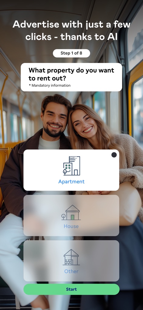 Immoweb - Die App vereinfacht die Erstellung neuer Inserate durch eine klare Auswahl von Immobilientypen wie "Apartment" oder "House" und führt den Nutzer Schritt für Schritt durch den Prozess mittels einer "Step 1 of 8" Anzeige.