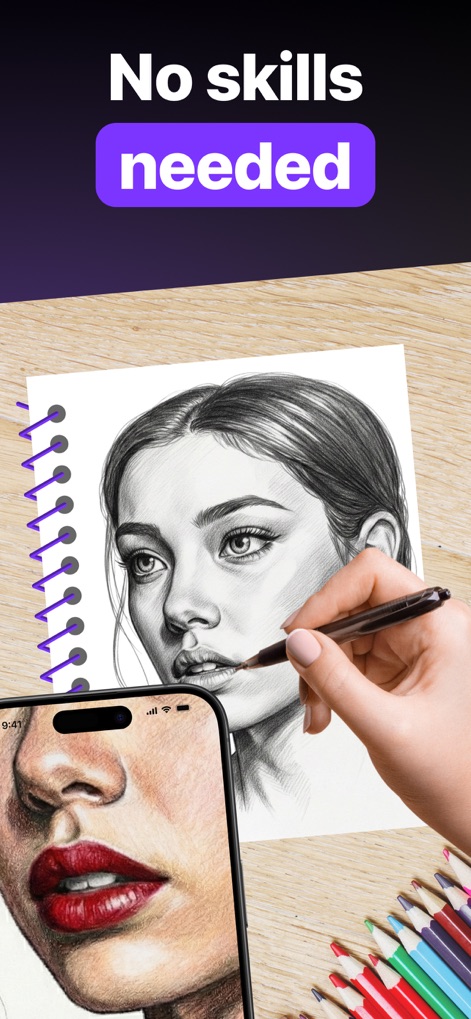 ARtie Lab: AR Drawing & Sketch - Witness the ability to create complex artworks, exemplified by a detailed portrait drawing and its realistic rendering on paper.