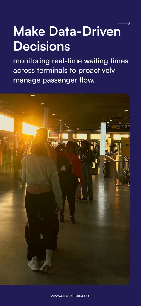 Airport Community - リアルタイムの旅客の流れを監視し、ターミナル全体の待機時間を把握することで、データに基づいた意思決定を支援します。画像は、「混雑した空港ターミナル」と「列をなす乗客」の様子から、本アプリによる混雑管理の重要性を示唆しています。