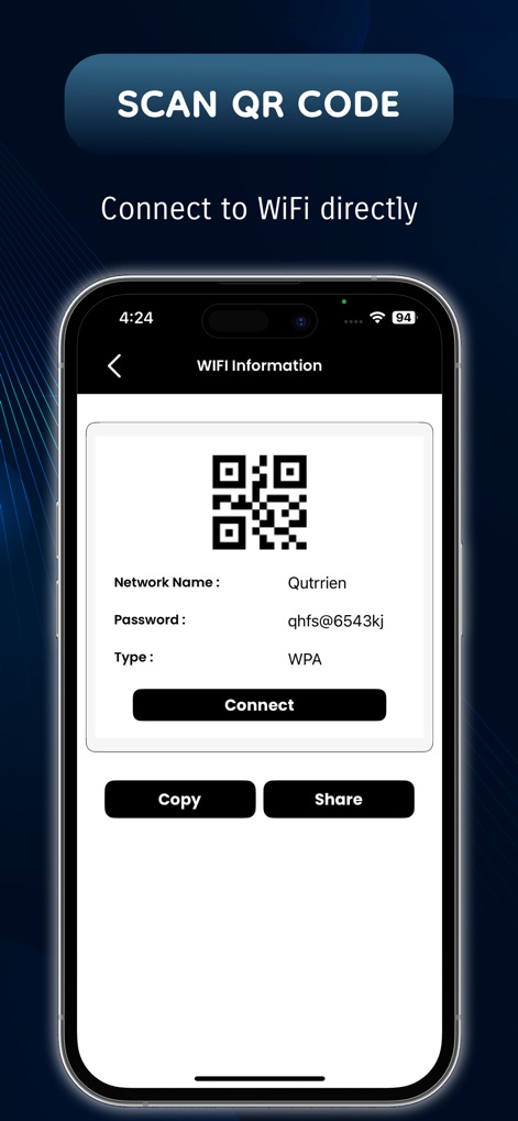 Router Password : WIFI Connect - Connectez-vous instantanément à un réseau Wi-Fi en scannant un code QR qui affiche les détails comme le nom du réseau et le mot de passe.