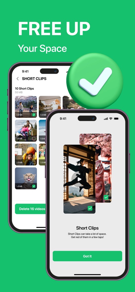 LIME Cleaner - Storage Cleanup - The app highlights 'Short Clips' that consume significant storage, enabling users to preview and efficiently delete multiple items with a single 'Delete X videos' action.