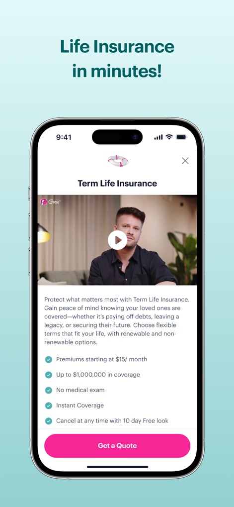 Goose Insurance - Os usuários podem visualizar um vídeo explicativo sobre o Seguro de Vida a Termo e verificar facilmente os principais benefícios listados, como "Premiums starting at $15/ month" e "No medical exam", antes de solicitar uma cotação.