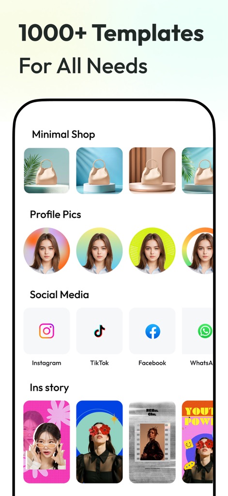 AnyEraser: Remove Objects AI - Explore the vast collection of over "1000+ templates," categorized for various uses including "Minimal Shop" and popular "Social Media" platforms.