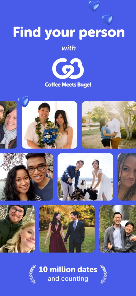 Coffee Meets Bagel: Dating App - This final visual showcases a diverse "collage of happy couples and individuals", culminating in the impressive "10 million dates and counting" statistic, celebrating the app's success in fostering serious relationships.