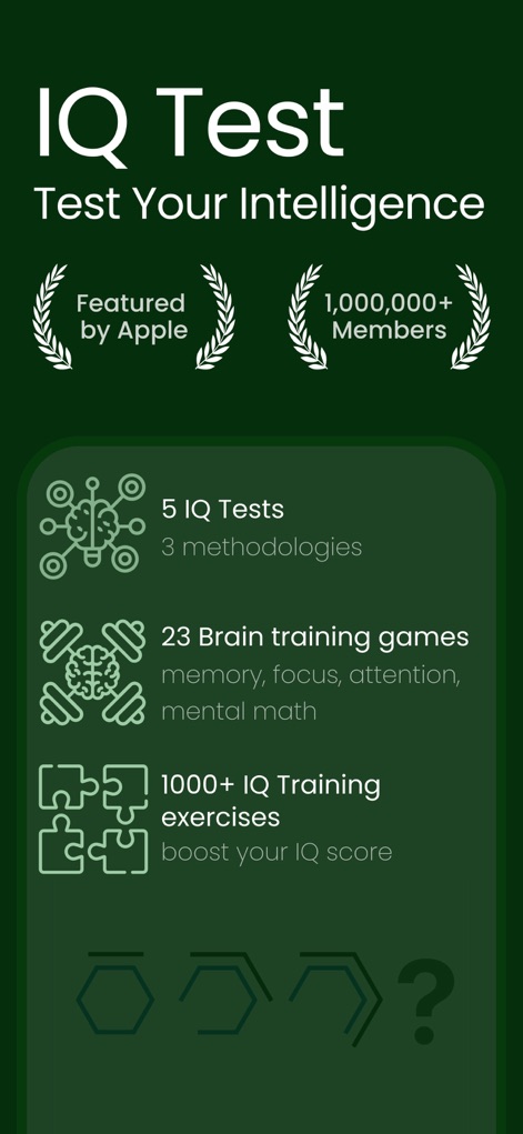 IQ Test - Brain Training Games - La aplicación se presenta con un atractivo fondo verde oscuro, destacando certificaciones como "Featured by Apple" y el logro de "1,000,000+ Members" para generar confianza.