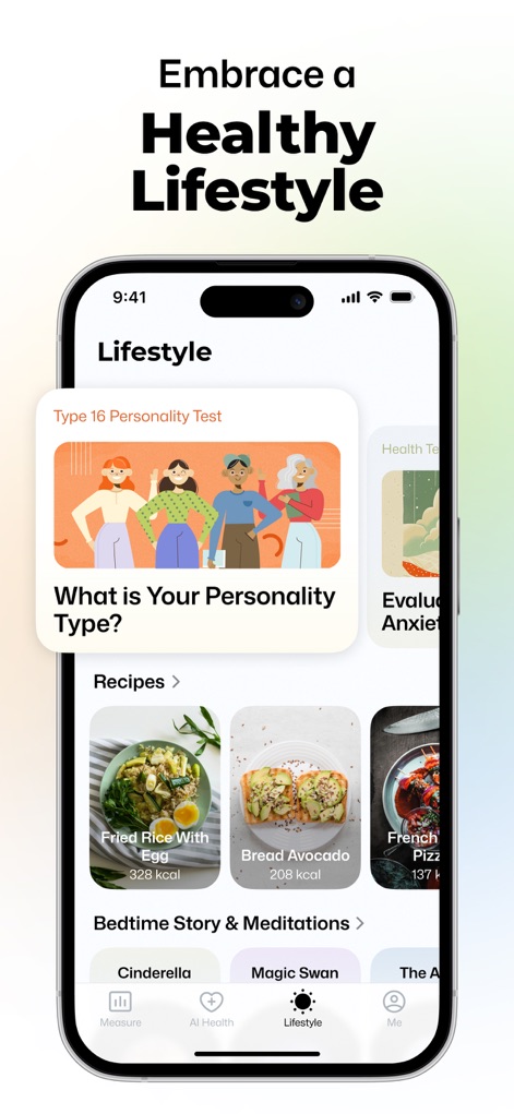 Wellance – AI Health & Balance - Explore the diverse Lifestyle section, featuring personalized recipe suggestions and engaging content like health personality tests.