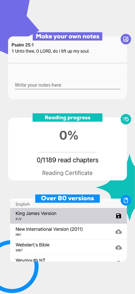 Bible Offline JFA - Esta herramienta permite a los usuarios 'Make your own notes' en versículos como Salmo 25:1, facilitando un estudio personalizado. Además, ofrece una vasta selección de 'Over 80 versions', incluyendo opciones populares como la 'King James Version' y 'NIV'.