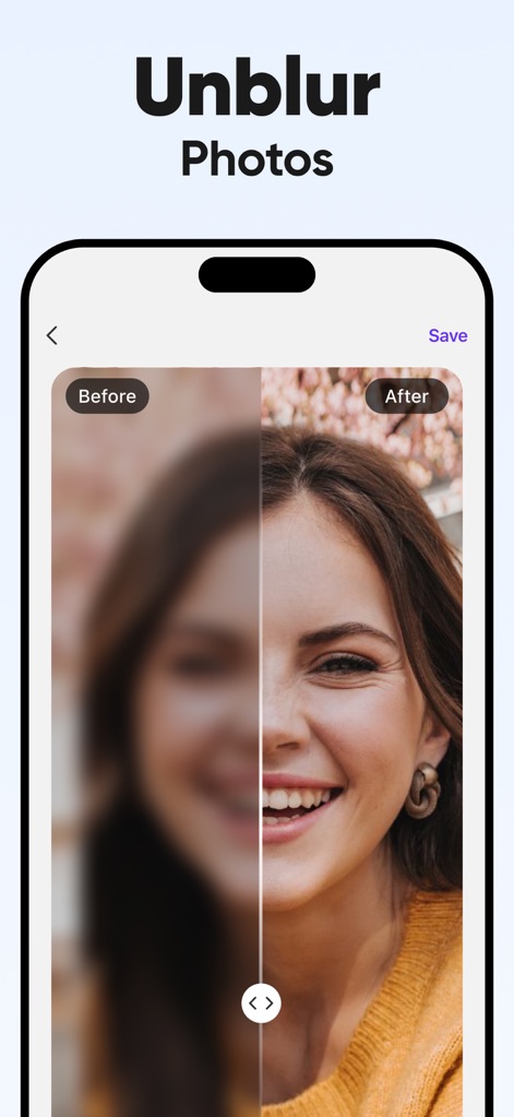 Unblur - AI Photo Enhancer - O aplicativo elimina o desfoque, revelando uma imagem nítida no lado direito em contraste com a foto turva da esquerda. Os usuários podem observar a clareza restaurada dos contornos e a expressividade do sorriso.