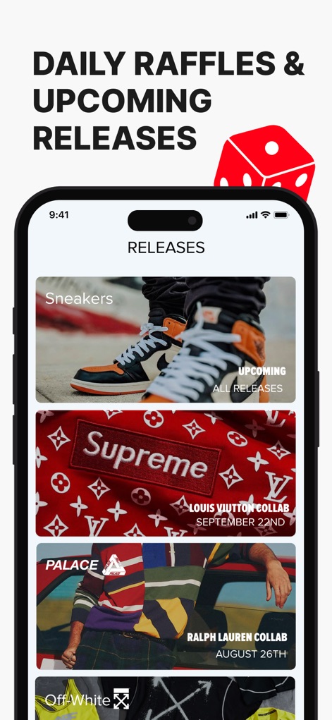 Sneakers Drops: Release＋Raffle - La plateforme fournit un aperçu quotidien des tirages au sort et des lancements, organisant les informations par catégories de marques et collaborations prestigieuses.
