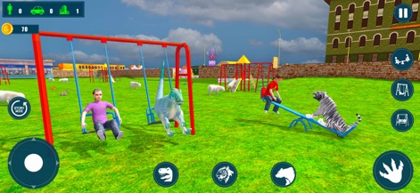 Jurassic Dinosaur Survival 3D - Explore the vibrant city playground where dinosaurs join children on swings and other animal transformations, such as a striped tiger, engage in playful activities.
