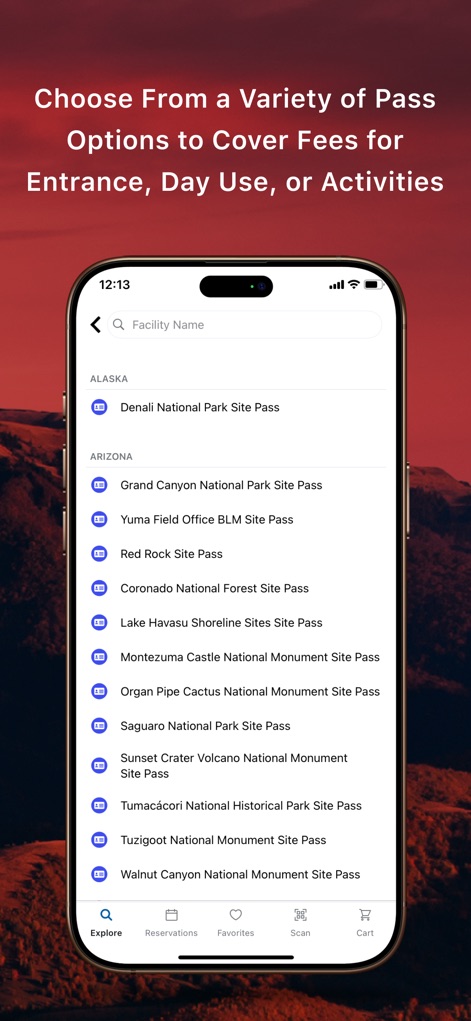Recreation.gov - La pantalla presenta una lista organizada de pases por estado, como Alaska y Arizona, y especifica el tipo de pase disponible, como el 'National Park Site Pass', permitiendo una selección informada.