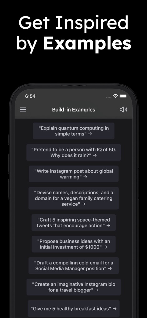 ChatPlus: AI Chatbot Assistant - The app fosters creativity by providing a wide array of 'Build-in Examples' and diverse prompt suggestions to spark new ideas and applications.