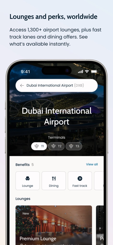 Dragonpass - Users can efficiently browse amenities for specific locations like 'Dubai International Airport', with distinct sections for 'Benefits' and detailed lounge listings.