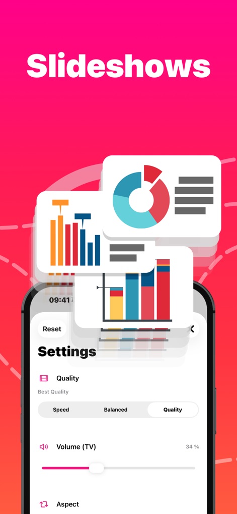 Replica・Screen Mirroring・Cast - Understand how the app facilitates presentations with detailed charts and graphs, featuring customizable 'Quality' settings for optimal clarity.