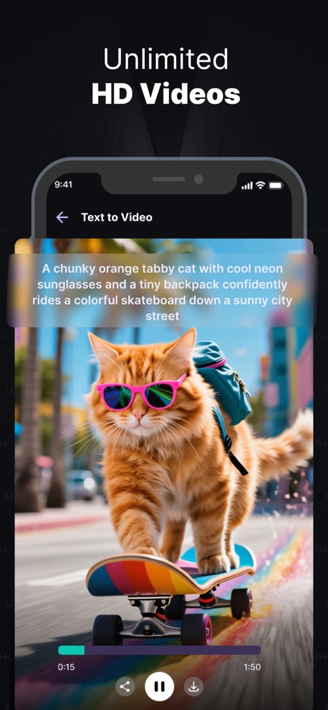 Pika Labs: AI Trend Effects - Créez des vidéos HD illimitées à partir de descriptions textuelles, comme cet exemple d'un chat stylé sur un skateboard arc-en-ciel et la barre de progression vidéo.