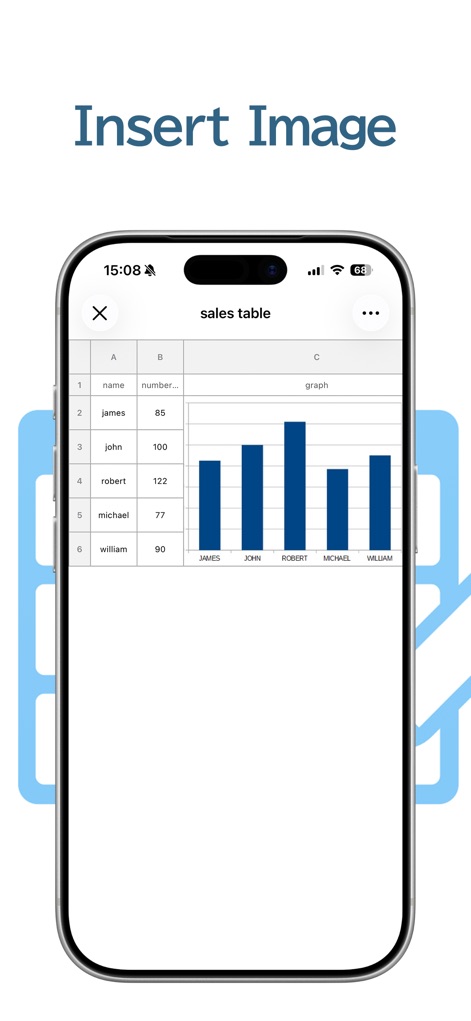 Table Notes Spreadsheet maker - A captura de tela ilustra a funcionalidade de inserir imagens diretamente nas células, exibindo uma tabela de vendas com nomes e números, e um gráfico de barras visualmente integrado.