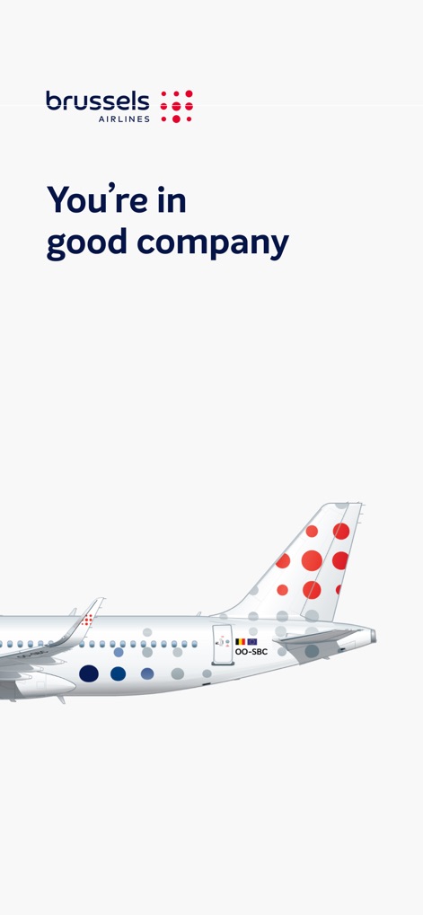 Brussels Airlines - 이 앱은 브뤼셀 항공의 로고와 "You're in good company" 메시지를 통해 환영 분위기를 조성하며, 항공기 꼬리 부분의 특징적인 도색을 시각적으로 보여줍니다.