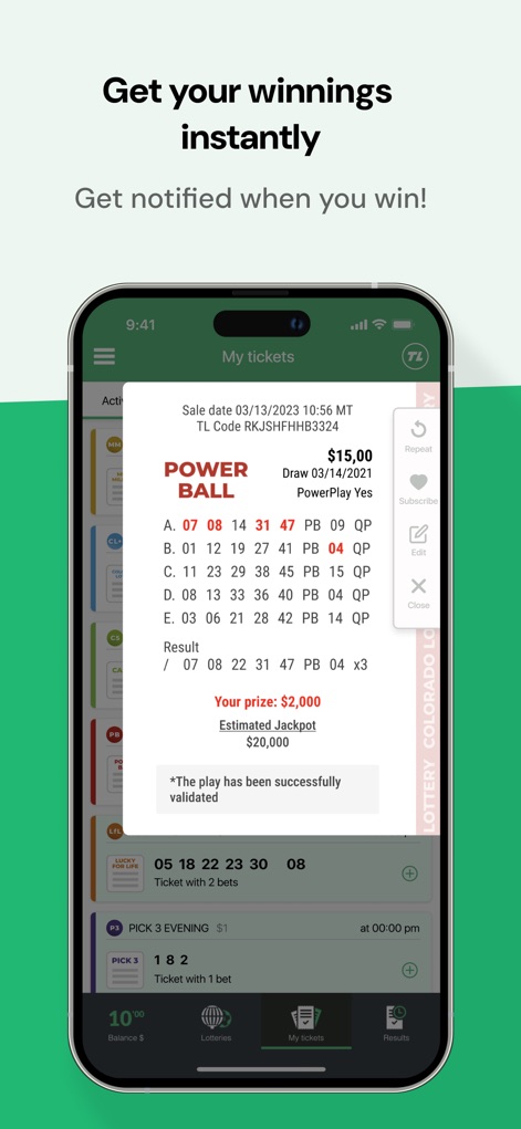 TuLotero Lottery App - Users receive instant notifications detailing their winnings via a clear pop-up, showcasing both the draw details and the prize amount.