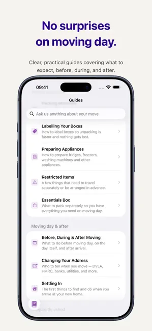 Moving day guides and FAQs in the Kerr's Moving Companion app
