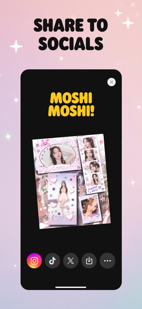 Moshicam Photo Editor & Frames - Após a edição, o aplicativo oferece opções de compartilhamento rápido para redes sociais populares como Instagram e TikTok, garantindo que suas criações alcancem seu público sem esforço.