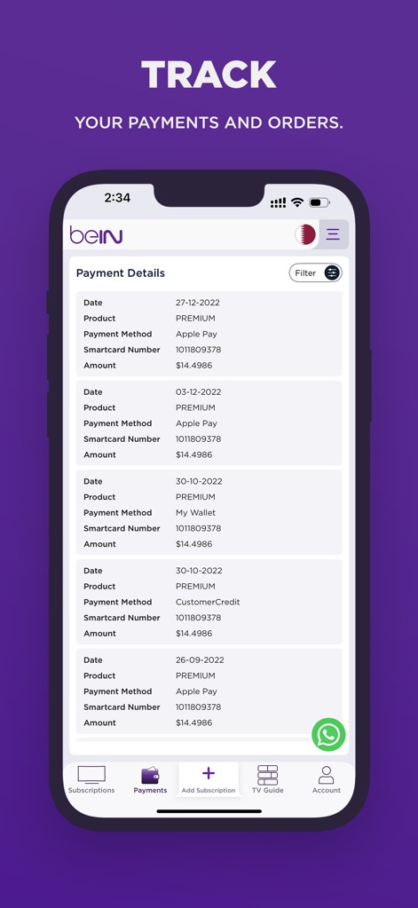 beIN - Die App bietet eine transparente Auflistung der Zahlungshistorie in einer chronologischen Transaktionsliste, die jede Buchung mit Datum, Produkt und der genutzten vielfältigen Zahlungsmethode detailliert anzeigt.