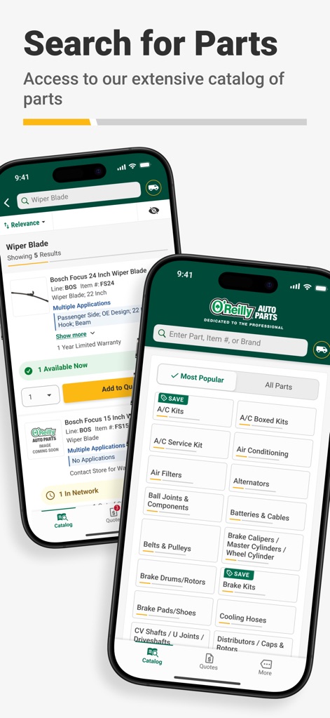 O'Reilly Pro - The app offers robust search functionality for specific parts and an organized catalog, allowing users to browse by category or view popular items with ease.