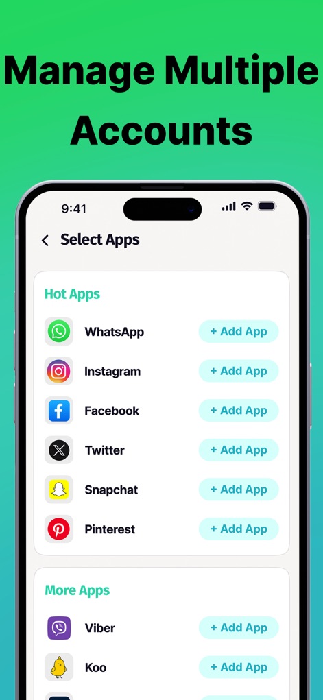 Clone Apps - Parallel Space - Explore the comprehensive "Select Apps" screen, featuring categorized lists like "Hot Apps" and "More Apps," each with a prominent "+ Add App" button for expanding cloned application selections.