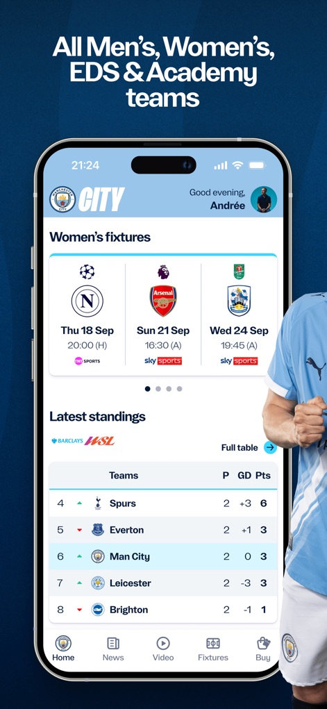 Manchester City Official App - このアプリは、女子チームの試合日程と結果を詳細に表示し、最新のリーグ順位表を通じてユーザーに全チームのパフォーマンスに関する包括的な情報を提供します。