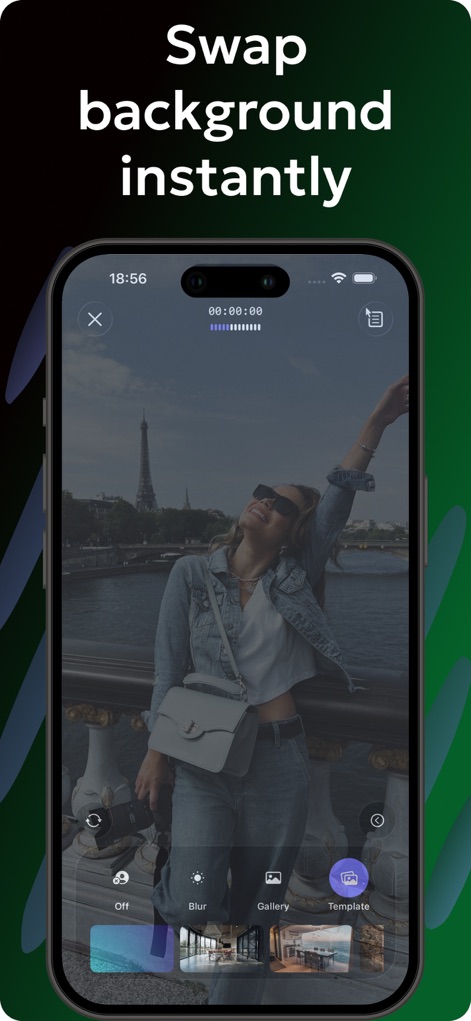 Teleprompter Automatic - La funzione di sostituzione dello sfondo è chiaramente visibile, con l'immagine della Torre Eiffel come sfondo personalizzato e le opzioni "Blur" e "Gallery" in evidenza.